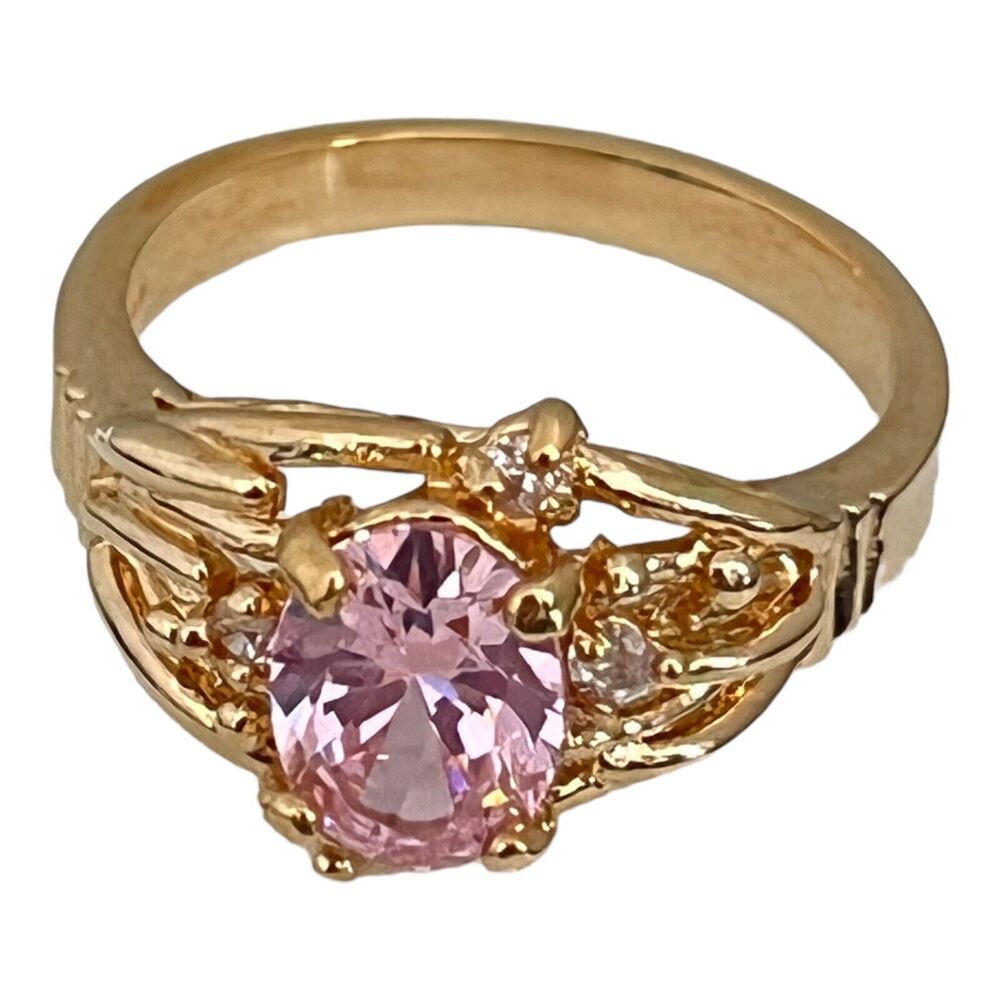 Vintage 1970s Ring Size 5 Pink CZ Cocktail Gold Plated Band - 14V - Picture 3 of 6